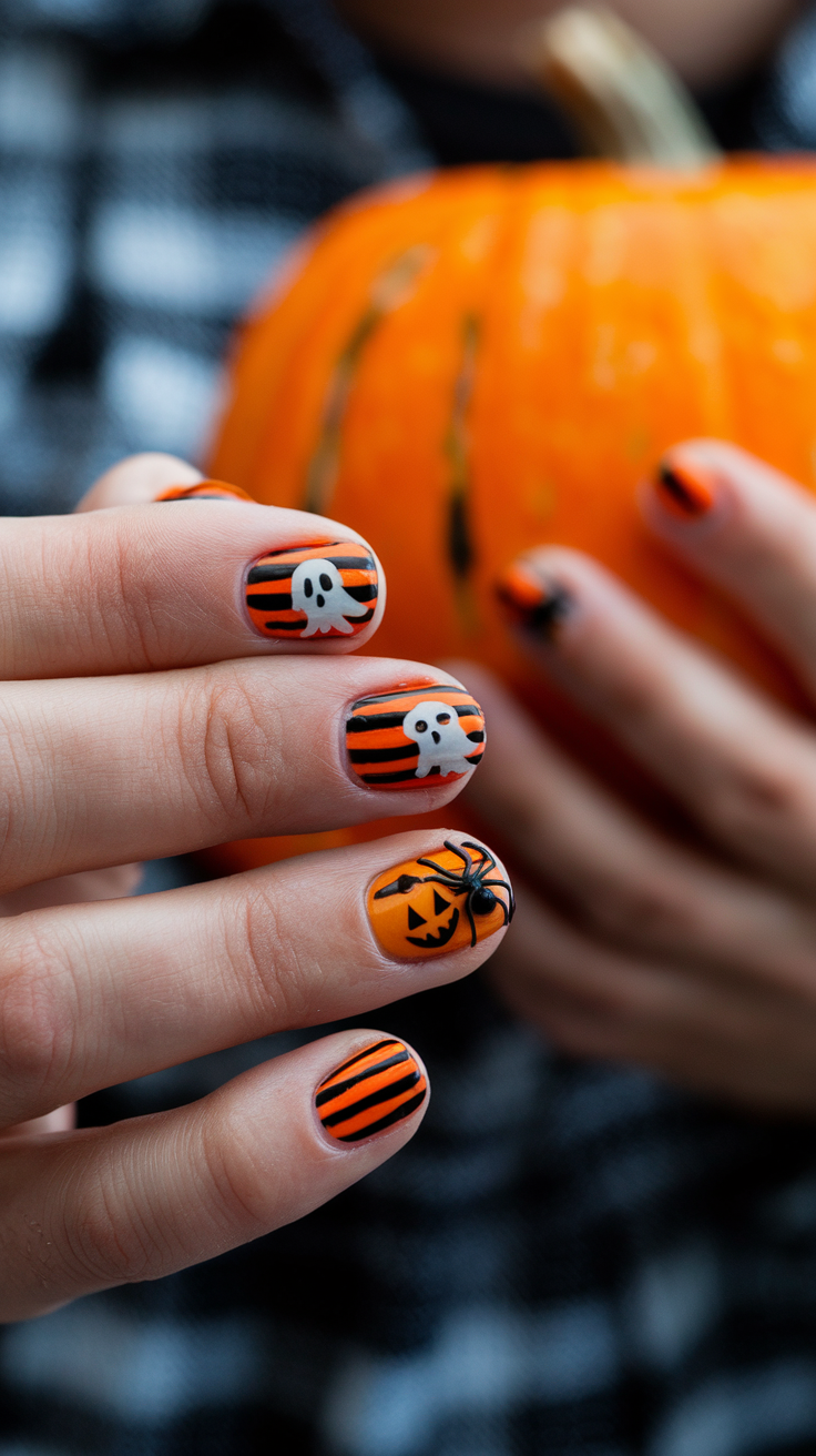 Cute Orange and Black Stripped Halloween Nails