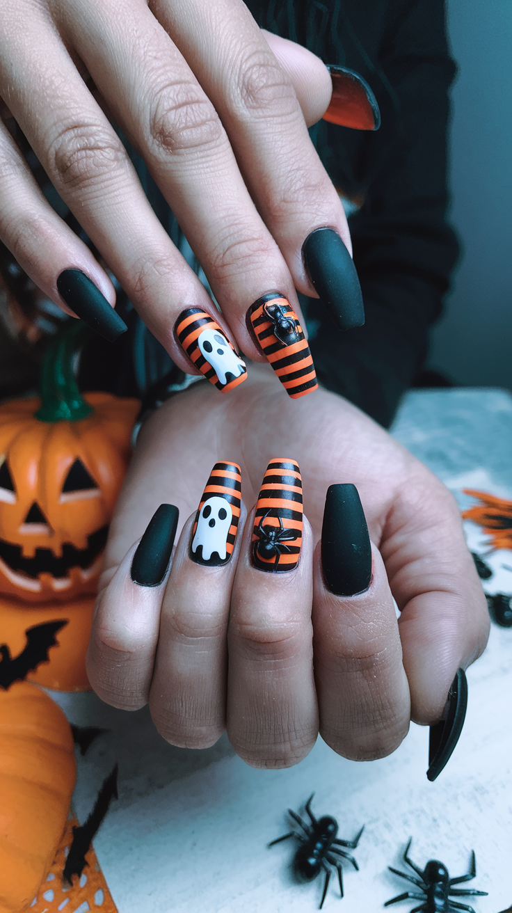 Matte Black Nails and Orange Striped Halloween Nails