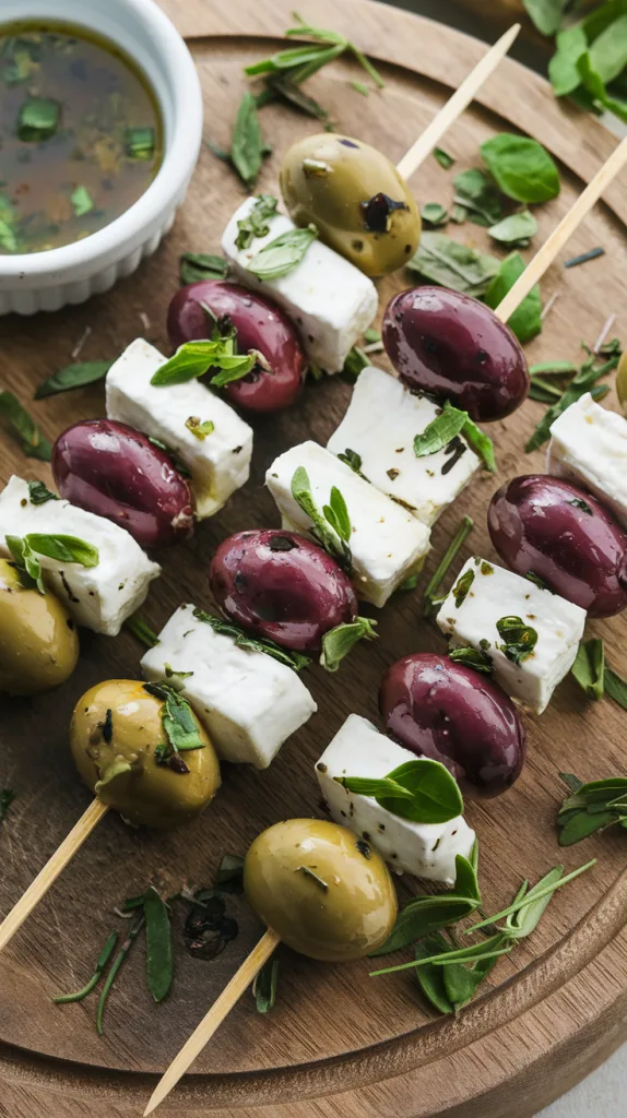 Herb-Marinated Olives and Feta Skewers